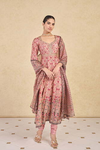 Celosia Printed Silk Anarkali Suit Set - Pink, Pink, image 1